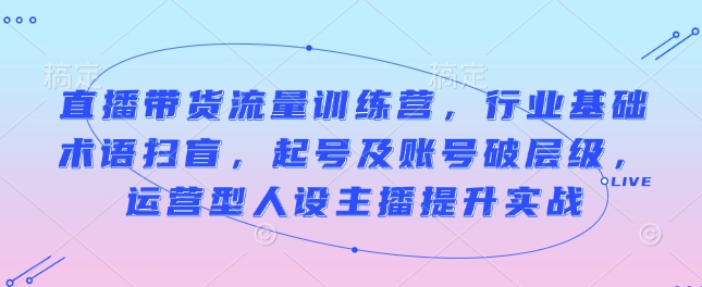 直播带货流量训练营，行业基础术语扫盲，起号及账号破层级，运营型人设主播提升实战-全网项目副业VIP教程分享_知识付费课程虚拟资源代理加盟