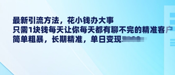 最新引流方法，花小钱办大事，只需1块钱每天让你每天都有聊不完的精准客户 简单粗暴，长期精准-全网项目副业VIP教程分享_知识付费课程虚拟资源代理加盟