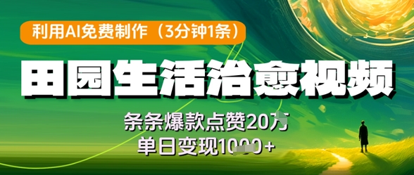 利用AI免费制作田园生活治愈视频，条条爆款点赞20W，单日变现几张-全网项目副业VIP教程分享_知识付费课程虚拟资源代理加盟